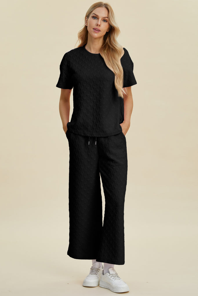 Double Take Full Size Texture Round Neck Short Sleeve Top and Pants Set-Timber Brooke Boutique, Online Women's Fashion Boutique in Amarillo, Texas