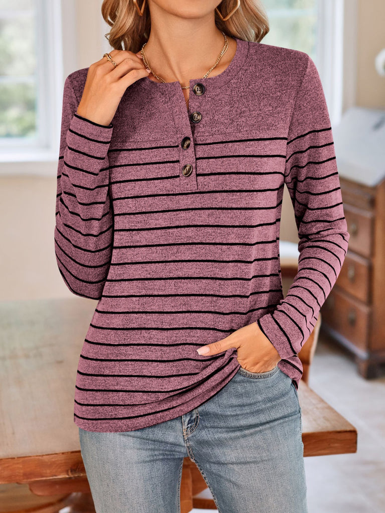 Quarter Button Striped Round Neck Long Sleeve T-Shirt-Timber Brooke Boutique, Online Women's Fashion Boutique in Amarillo, Texas