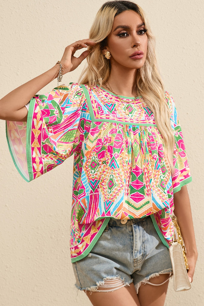 Printed Round Neck Half Sleeve Blouse-Timber Brooke Boutique, Online Women's Fashion Boutique in Amarillo, Texas