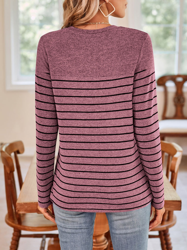 Quarter Button Striped Round Neck Long Sleeve T-Shirt-Timber Brooke Boutique, Online Women's Fashion Boutique in Amarillo, Texas