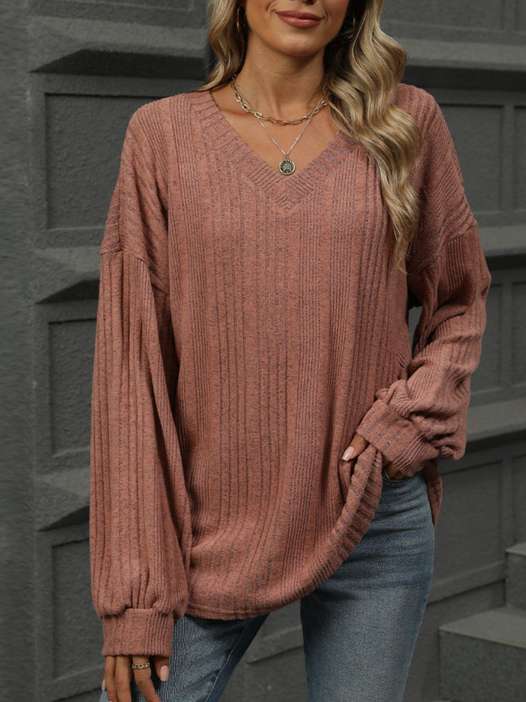 V-Neck Long Sleeve T-Shirt-Timber Brooke Boutique, Online Women's Fashion Boutique in Amarillo, Texas