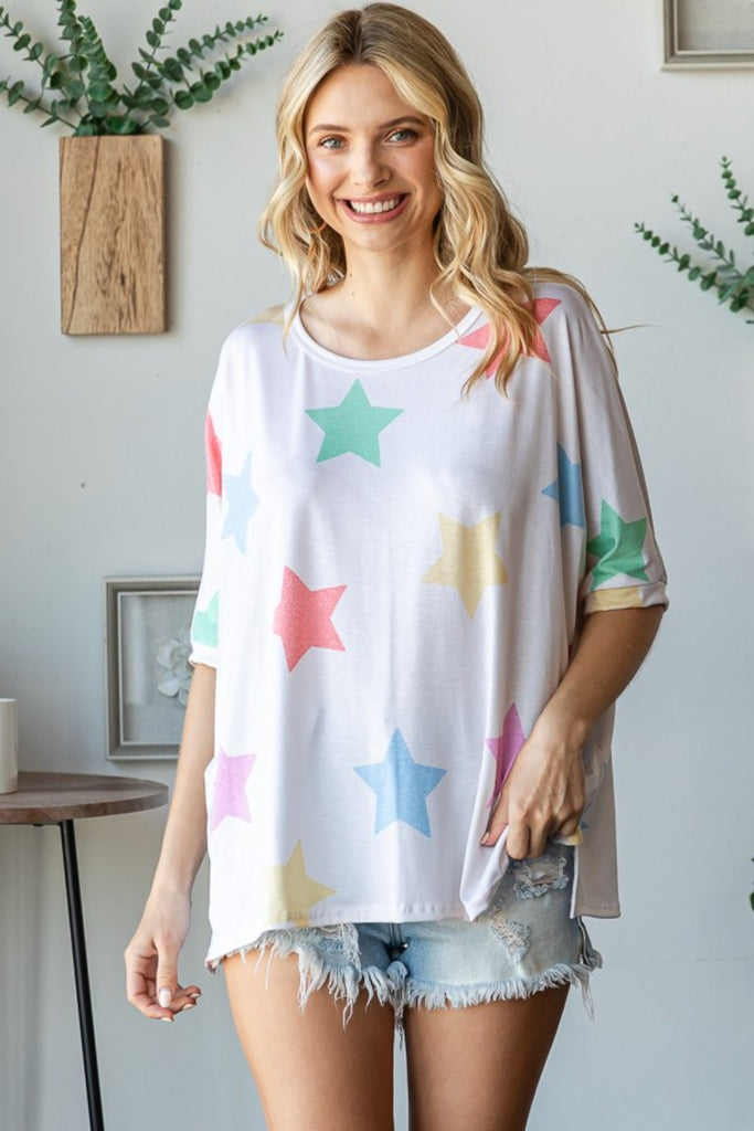 HOPELY Full Size Multi Colored Star Print T-Shirt-Timber Brooke Boutique, Online Women's Fashion Boutique in Amarillo, Texas