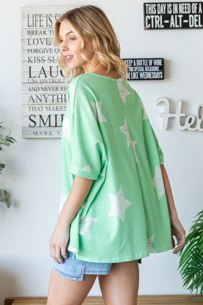 HOPELY Star Pattern Oversized Waffle T-Shirt-Timber Brooke Boutique, Online Women's Fashion Boutique in Amarillo, Texas