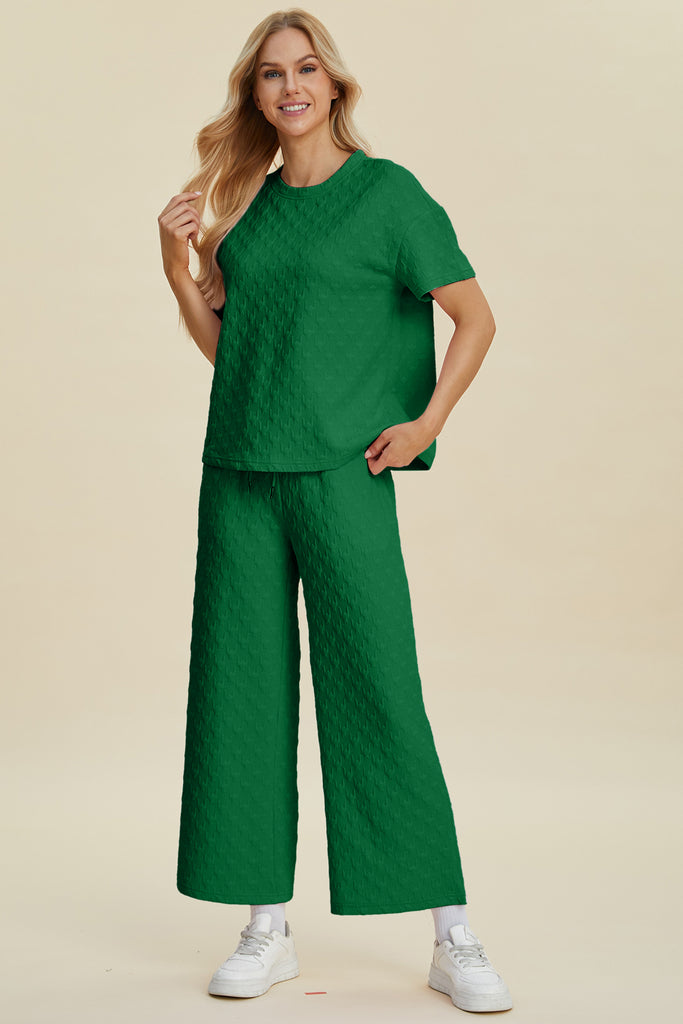 Double Take Full Size Texture Round Neck Short Sleeve Top and Pants Set-Timber Brooke Boutique, Online Women's Fashion Boutique in Amarillo, Texas