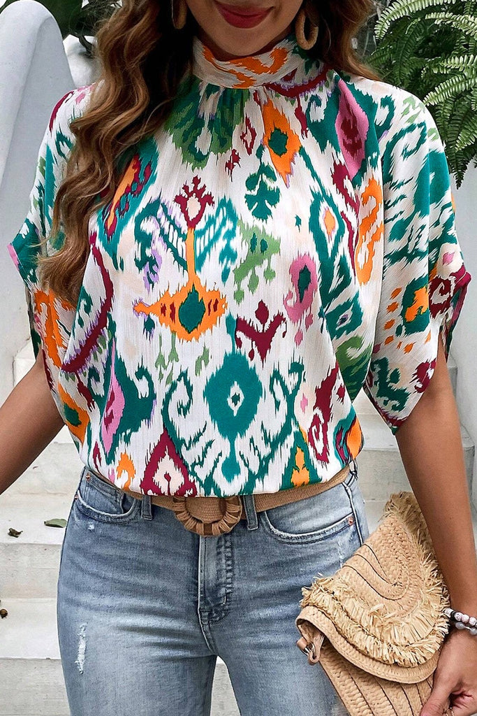 Printed Mock Neck Half Sleeve Blouse-Timber Brooke Boutique, Online Women's Fashion Boutique in Amarillo, Texas