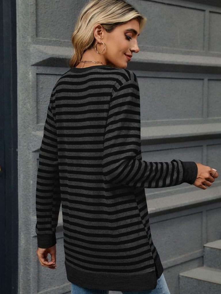 Striped Round Neck Long Sleeve T-Shirt-Timber Brooke Boutique, Online Women's Fashion Boutique in Amarillo, Texas