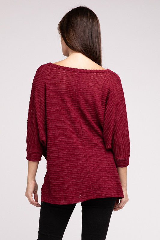 3/4 Sleeve V-Neck Hi-Low Hem Jacquard Sweater-Timber Brooke Boutique, Online Women's Fashion Boutique in Amarillo, Texas