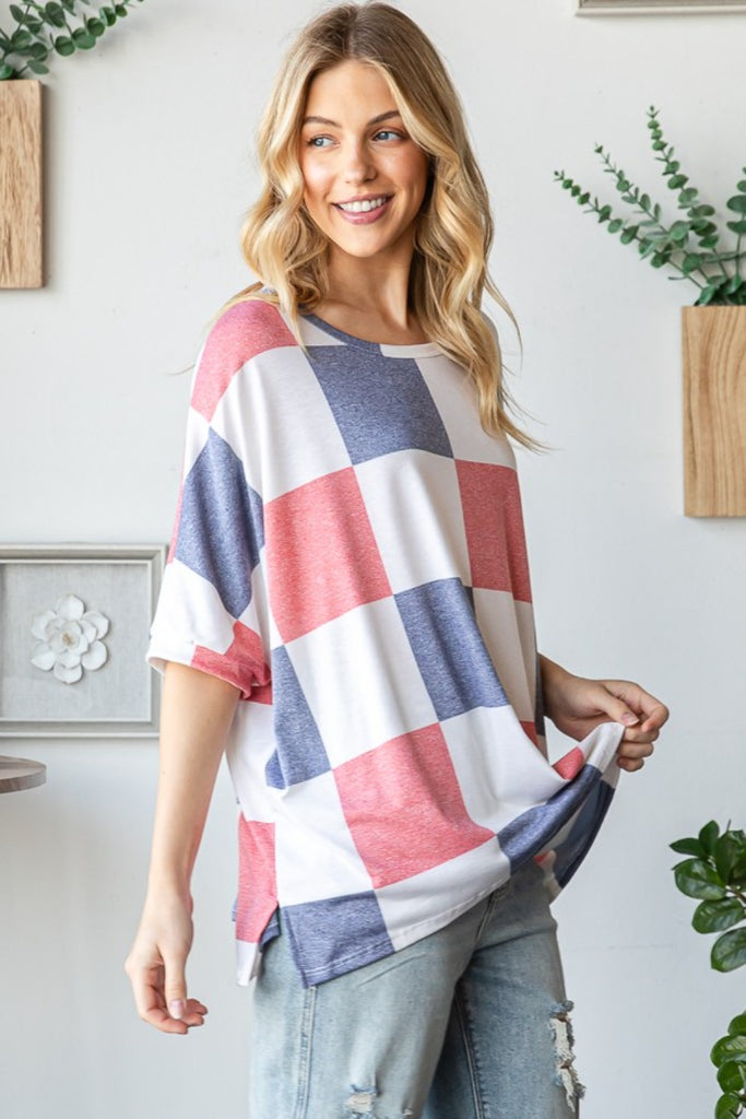 HOPELY Checkered Round Neck Half Sleeve T-Shirt-Timber Brooke Boutique, Online Women's Fashion Boutique in Amarillo, Texas