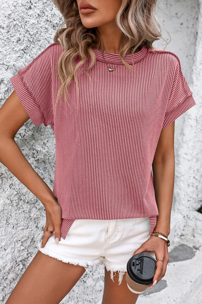 Striped Round Neck Short Sleeve T-Shirt-Timber Brooke Boutique, Online Women's Fashion Boutique in Amarillo, Texas