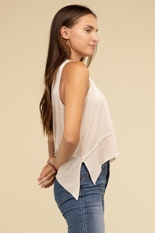 Shark Bite Side Slit Short Sleeveless Top-Timber Brooke Boutique, Online Women's Fashion Boutique in Amarillo, Texas