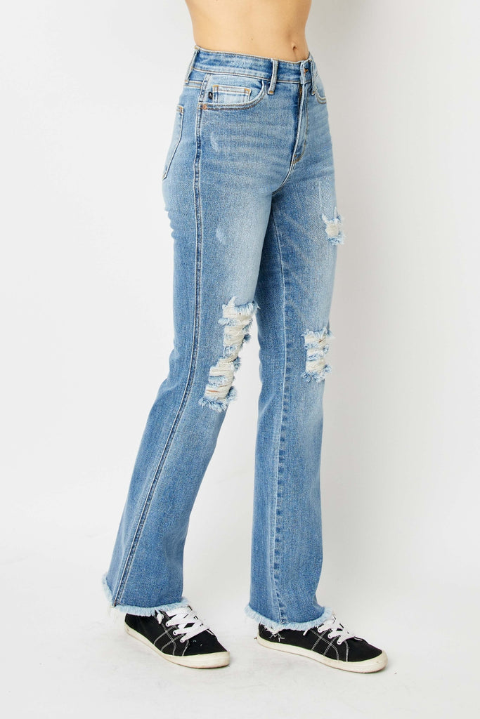 Judy Blue Full Size Distressed Raw Hem Bootcut Jeans-Timber Brooke Boutique, Online Women's Fashion Boutique in Amarillo, Texas