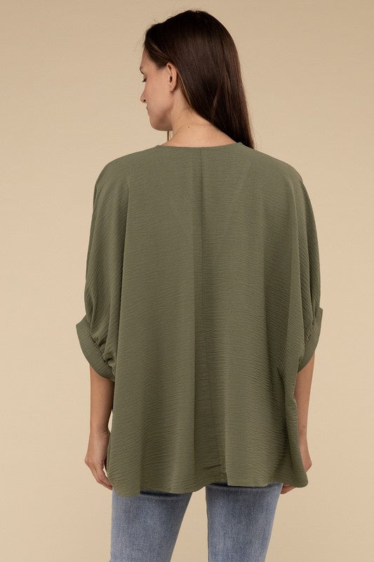 Woven Airflow V-Neck Puff Half Sleeve Top-Timber Brooke Boutique, Online Women's Fashion Boutique in Amarillo, Texas