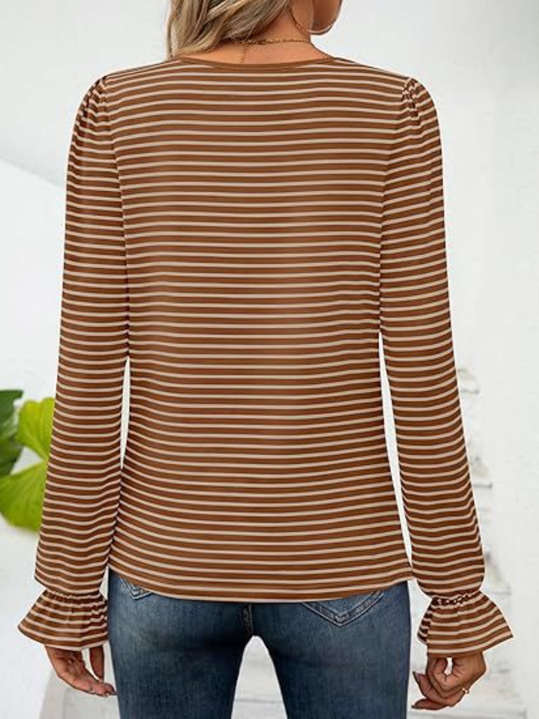 Striped Square Neck Flounce Sleeve Top-Timber Brooke Boutique, Online Women's Fashion Boutique in Amarillo, Texas