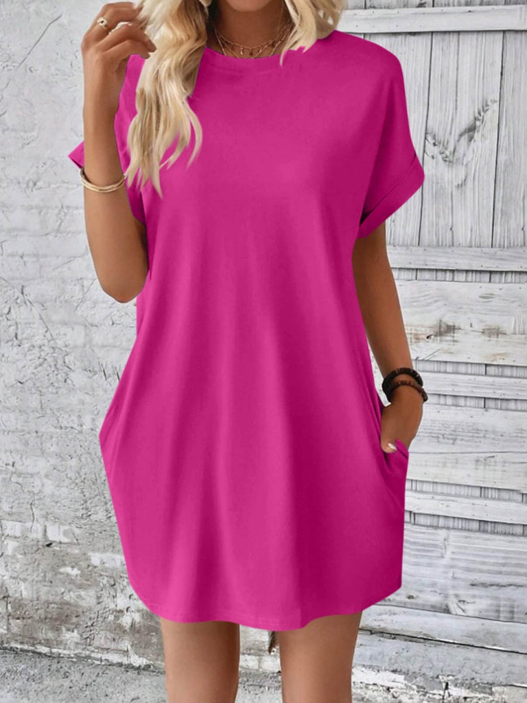 Round Neck Short Sleeve Mini Dress-Timber Brooke Boutique, Online Women's Fashion Boutique in Amarillo, Texas