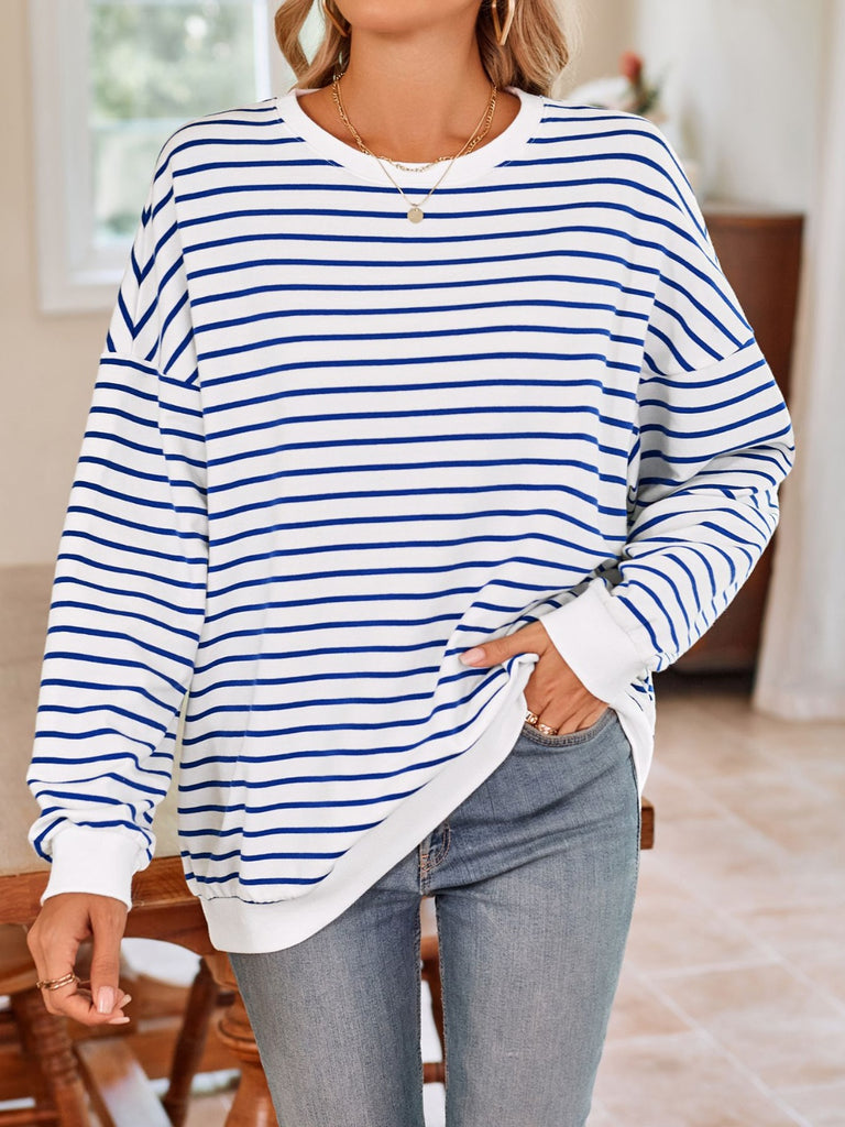 Striped Round Neck Long Sleeve Sweatshirt-Timber Brooke Boutique, Online Women's Fashion Boutique in Amarillo, Texas