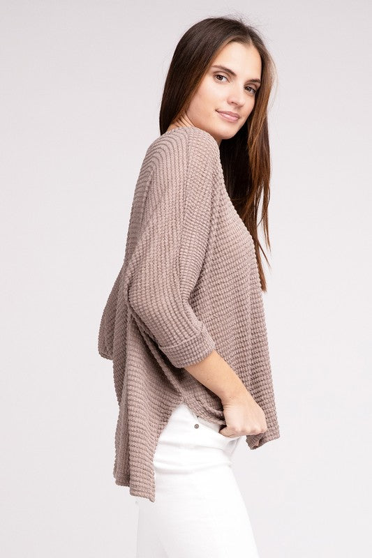 3/4 Sleeve V-Neck Hi-Low Hem Jacquard Sweater-Timber Brooke Boutique, Online Women's Fashion Boutique in Amarillo, Texas