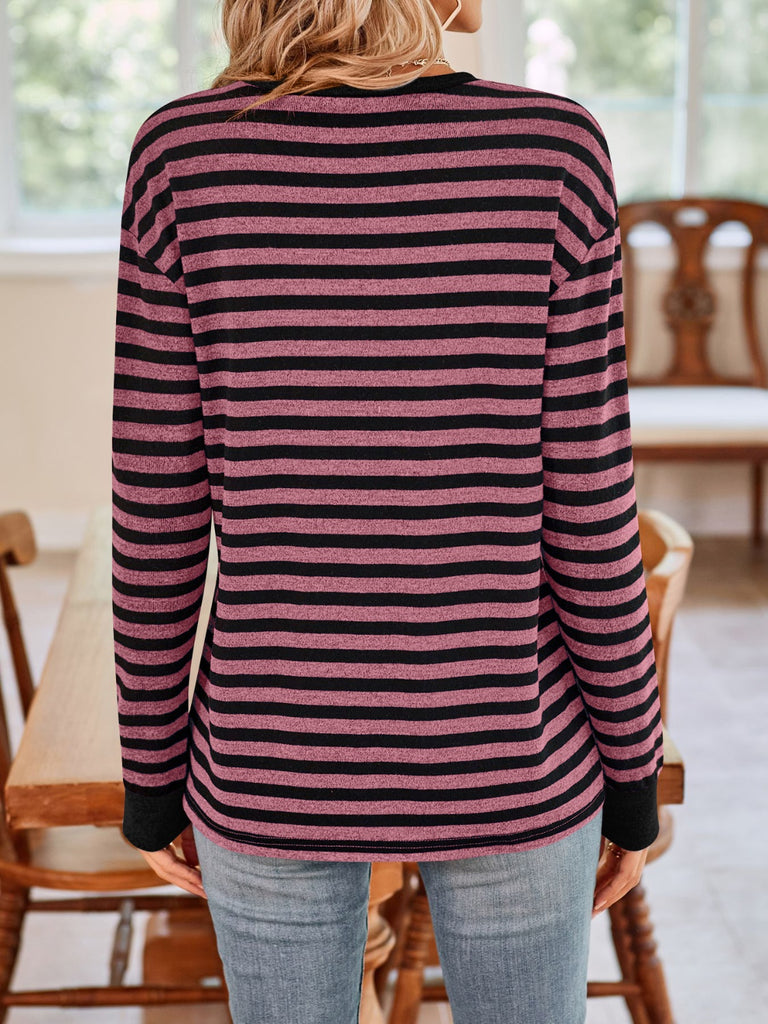 Striped Round Neck Long Sleeve T-Shirt-Timber Brooke Boutique, Online Women's Fashion Boutique in Amarillo, Texas