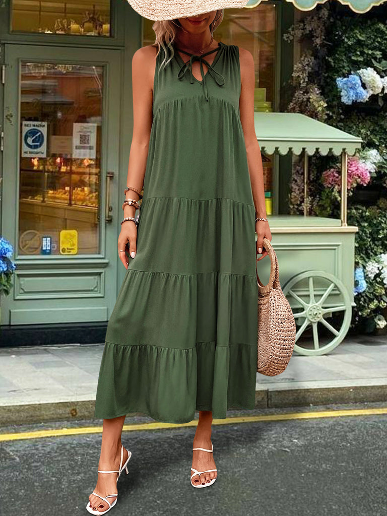 Tiered Tie Neck Midi Dress-Timber Brooke Boutique, Online Women's Fashion Boutique in Amarillo, Texas