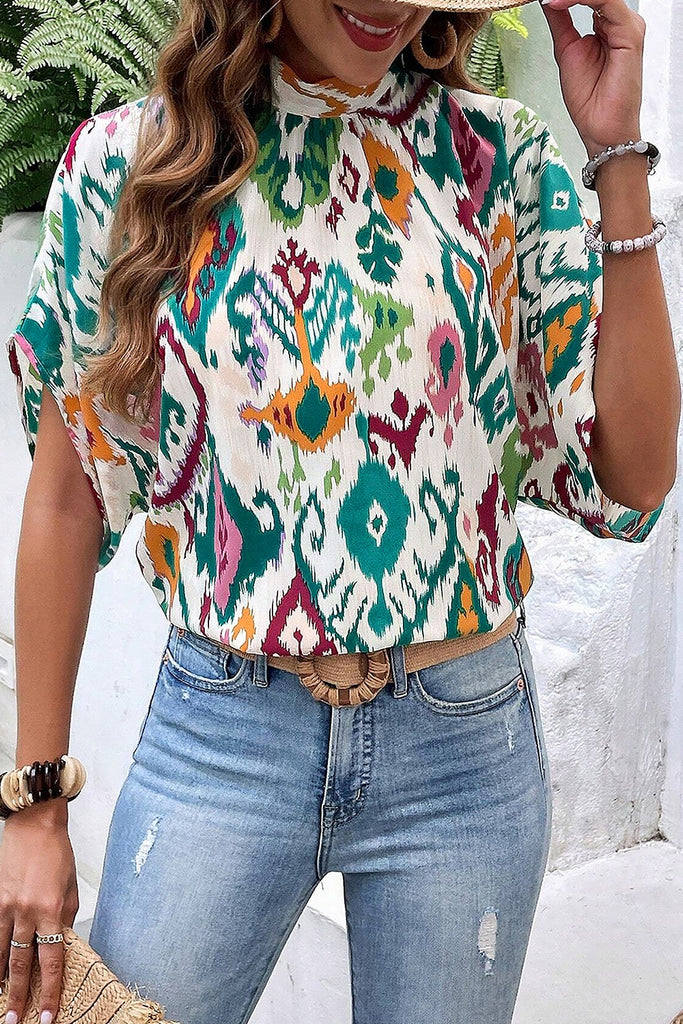 Printed Mock Neck Half Sleeve Blouse-Timber Brooke Boutique, Online Women's Fashion Boutique in Amarillo, Texas