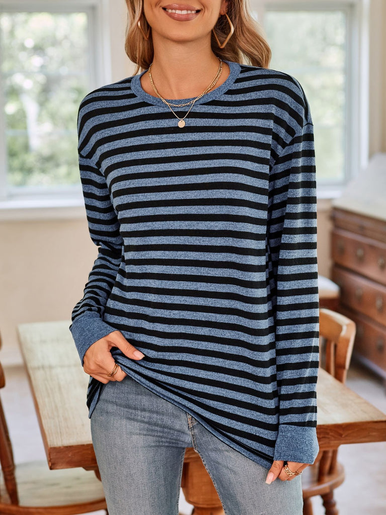 Striped Round Neck Long Sleeve T-Shirt-Timber Brooke Boutique, Online Women's Fashion Boutique in Amarillo, Texas