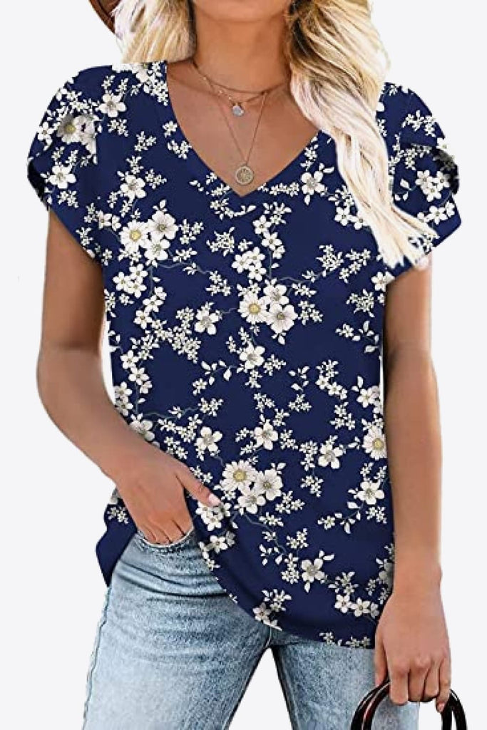 Printed Petal Sleeve V-Neck Blouse-Timber Brooke Boutique, Online Women's Fashion Boutique in Amarillo, Texas