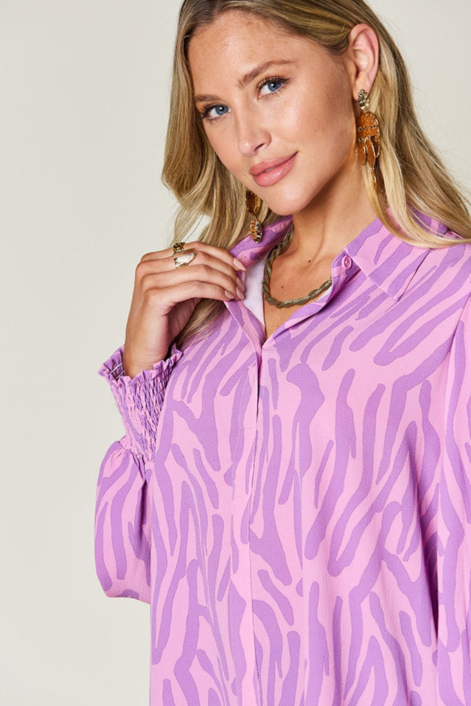 Double Take Full Size Printed Smocked Long Sleeve Blouse-Timber Brooke Boutique, Online Women's Fashion Boutique in Amarillo, Texas