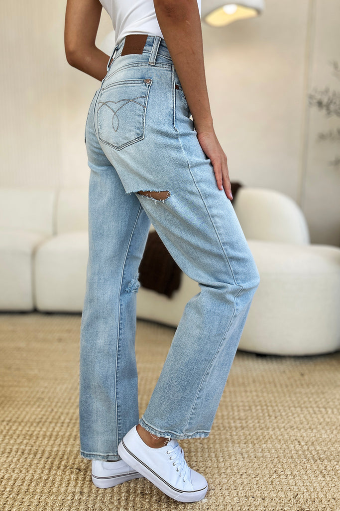 Judy Blue Full Size High Waist Distressed Straight Jeans-Timber Brooke Boutique, Online Women's Fashion Boutique in Amarillo, Texas