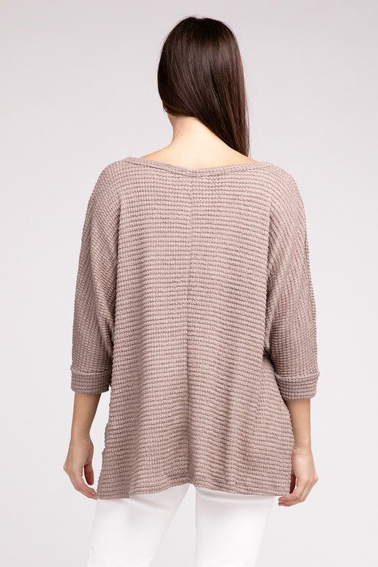 3/4 Sleeve V-Neck Hi-Low Hem Jacquard Sweater-Timber Brooke Boutique, Online Women's Fashion Boutique in Amarillo, Texas