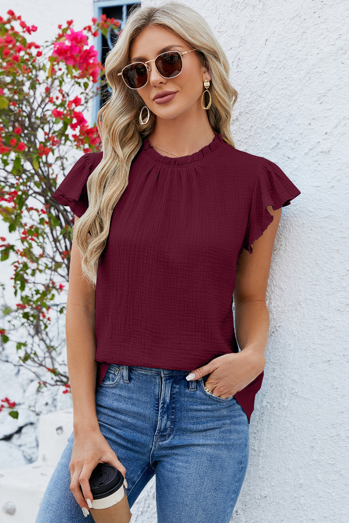 Ruffled Round Neck Cap Sleeve Blouse-Timber Brooke Boutique, Online Women's Fashion Boutique in Amarillo, Texas