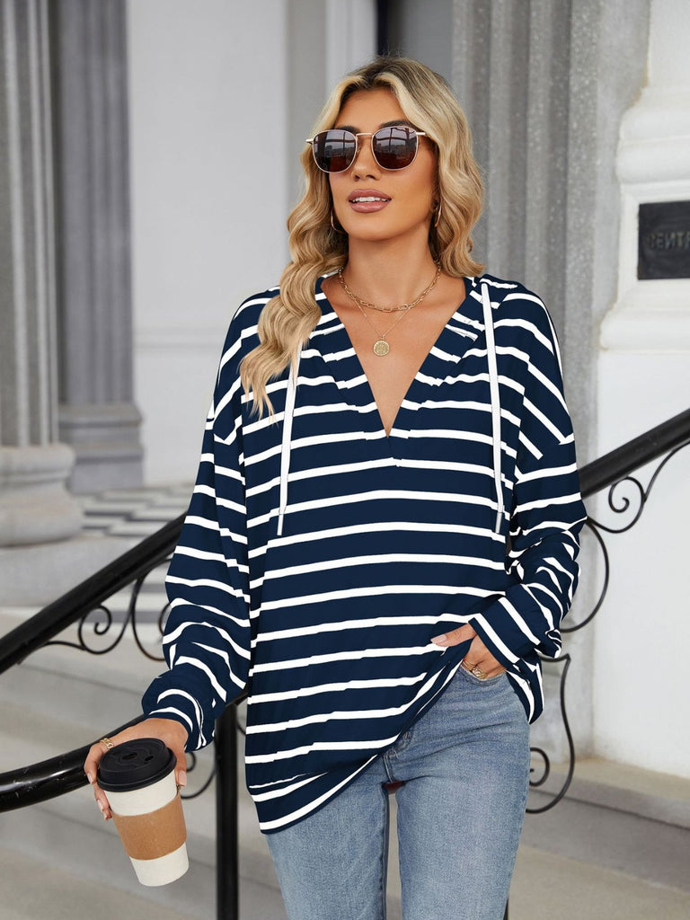 Drawstring Striped Long Sleeve Hoodie-Timber Brooke Boutique, Online Women's Fashion Boutique in Amarillo, Texas