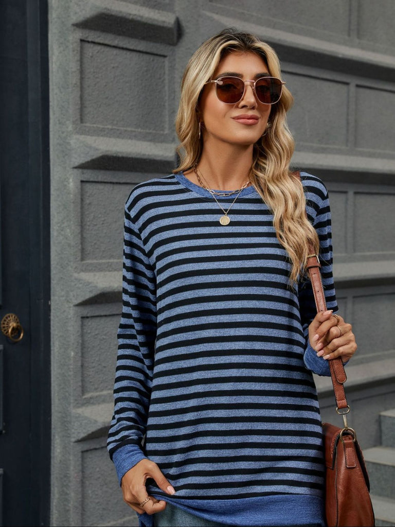 Striped Round Neck Long Sleeve T-Shirt-Timber Brooke Boutique, Online Women's Fashion Boutique in Amarillo, Texas