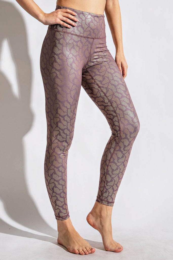 Dark Mauve Foil Leggings-Shorts-Timber Brooke Boutique, Online Women's Fashion Boutique in Amarillo, Texas