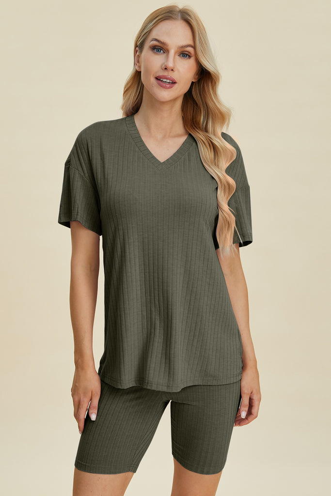 Basic Bae Full Size Ribbed V-Neck Short Sleeve Top and Shorts Set-Timber Brooke Boutique, Online Women's Fashion Boutique in Amarillo, Texas