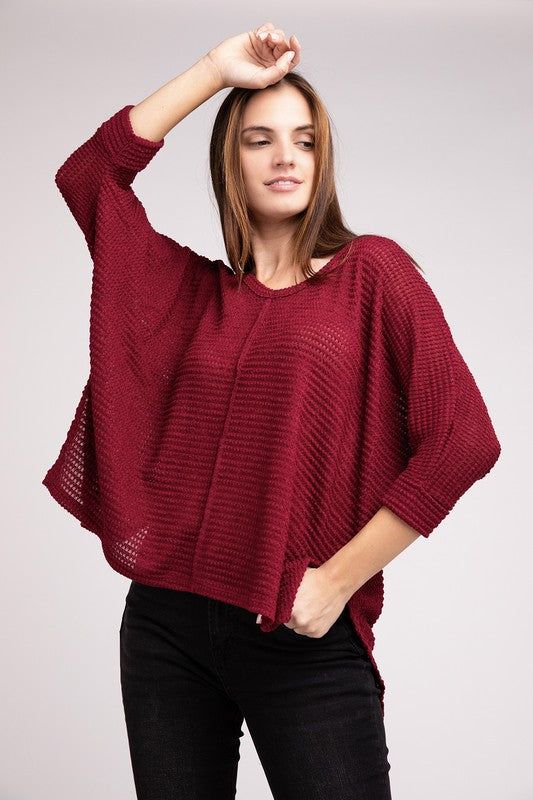 3/4 Sleeve V-Neck Hi-Low Hem Jacquard Sweater-Timber Brooke Boutique, Online Women's Fashion Boutique in Amarillo, Texas