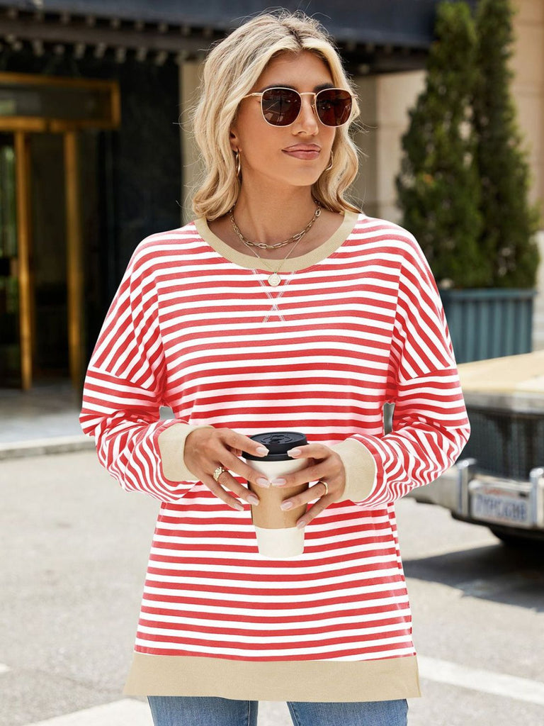 Slit Striped Round Neck Long Sleeve Sweatshirt-Timber Brooke Boutique, Online Women's Fashion Boutique in Amarillo, Texas