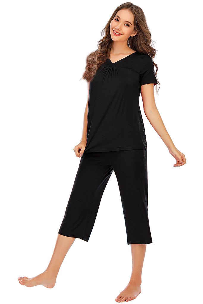 V-Neck Short Sleeve Top and Pants Lounge Set-Timber Brooke Boutique, Online Women's Fashion Boutique in Amarillo, Texas