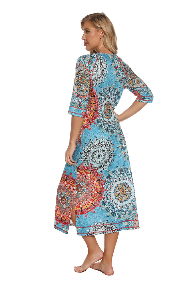 Printed Slit Night Dress with Pockets-Timber Brooke Boutique, Online Women's Fashion Boutique in Amarillo, Texas