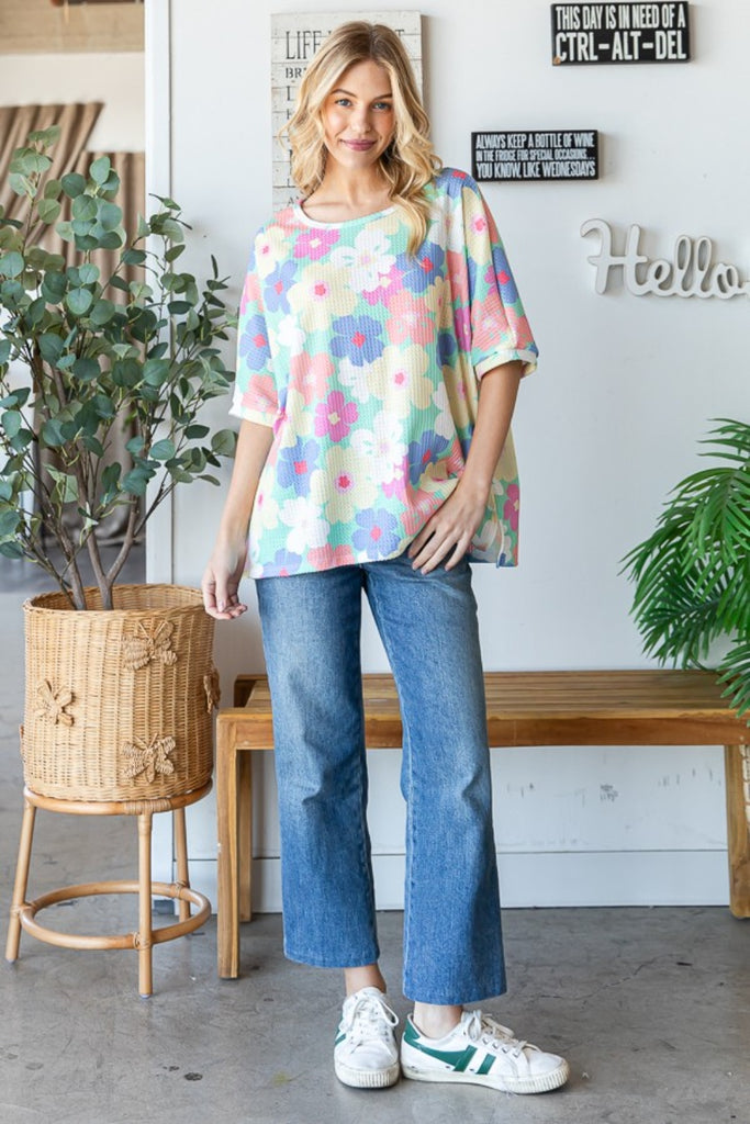 HOPELY Floral Waffle Oversized T-Shirt-Timber Brooke Boutique, Online Women's Fashion Boutique in Amarillo, Texas