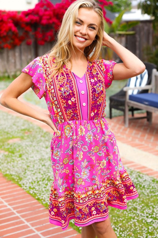 Find Romance Fuchsia Boho Floral Button V Neck Ruffle Dress-Timber Brooke Boutique, Online Women's Fashion Boutique in Amarillo, Texas