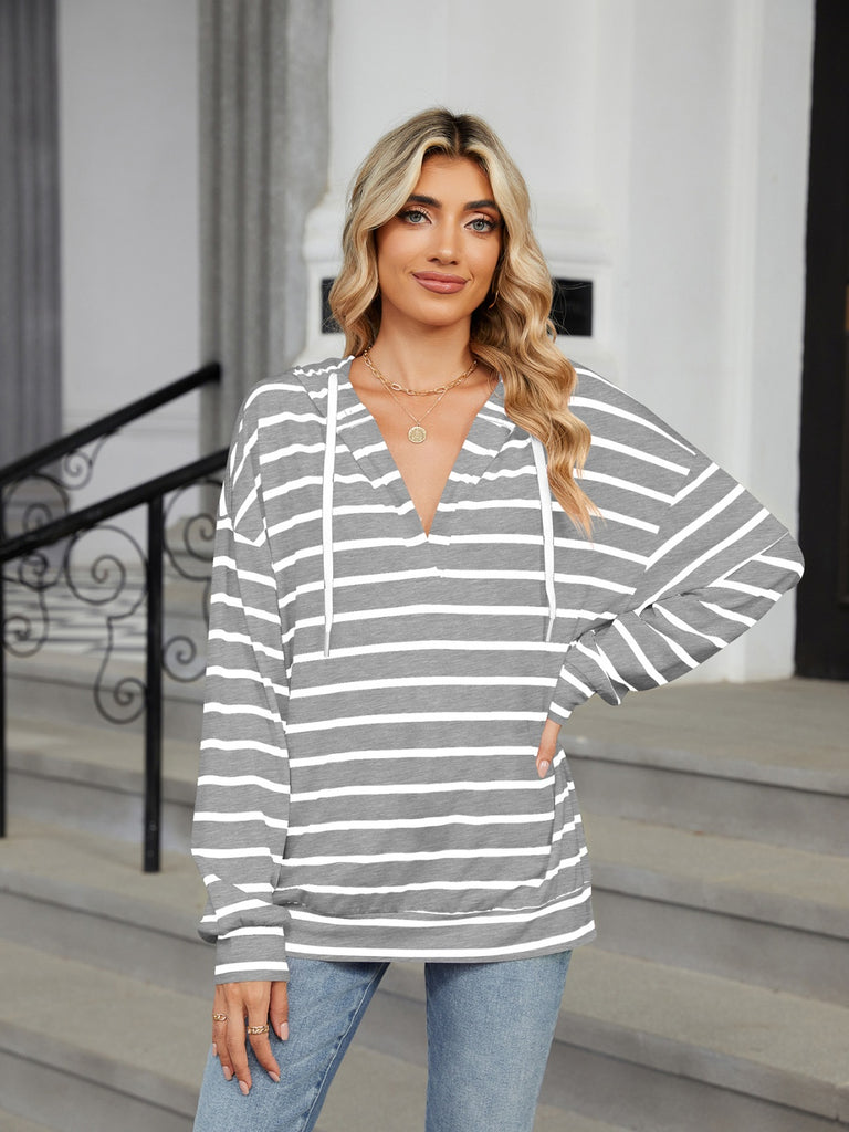 Drawstring Striped Long Sleeve Hoodie-Timber Brooke Boutique, Online Women's Fashion Boutique in Amarillo, Texas