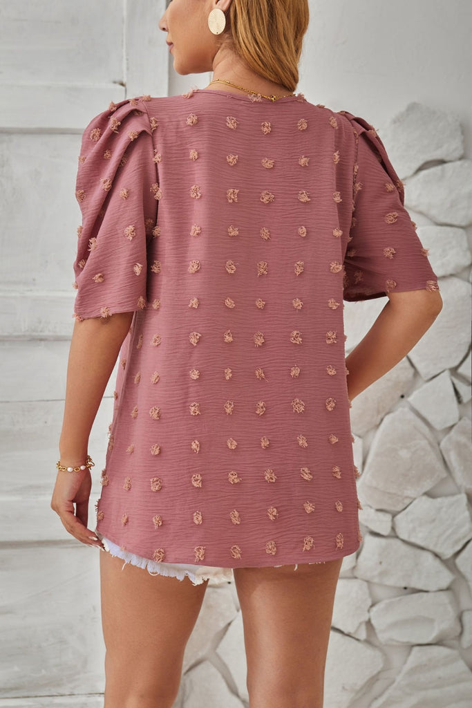 Swiss Dot Round Neck Short Sleeve Blouse-Timber Brooke Boutique, Online Women's Fashion Boutique in Amarillo, Texas