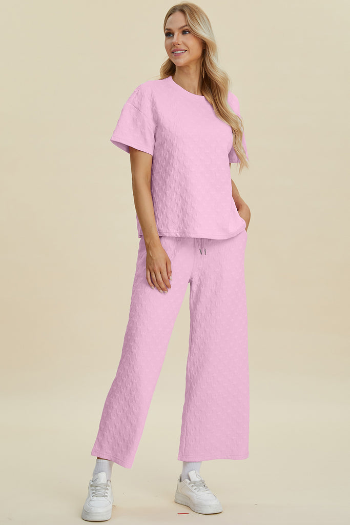 Double Take Full Size Texture Round Neck Short Sleeve Top and Pants Set-Timber Brooke Boutique, Online Women's Fashion Boutique in Amarillo, Texas