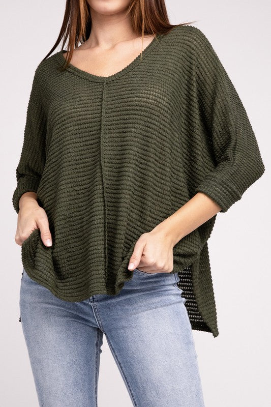 3/4 Sleeve V-Neck Hi-Low Hem Jacquard Sweater-Timber Brooke Boutique, Online Women's Fashion Boutique in Amarillo, Texas