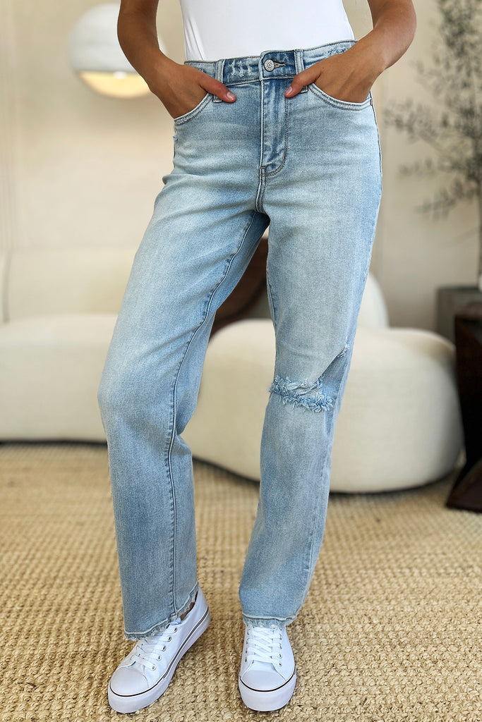 Judy Blue Full Size High Waist Distressed Straight Jeans-Timber Brooke Boutique, Online Women's Fashion Boutique in Amarillo, Texas