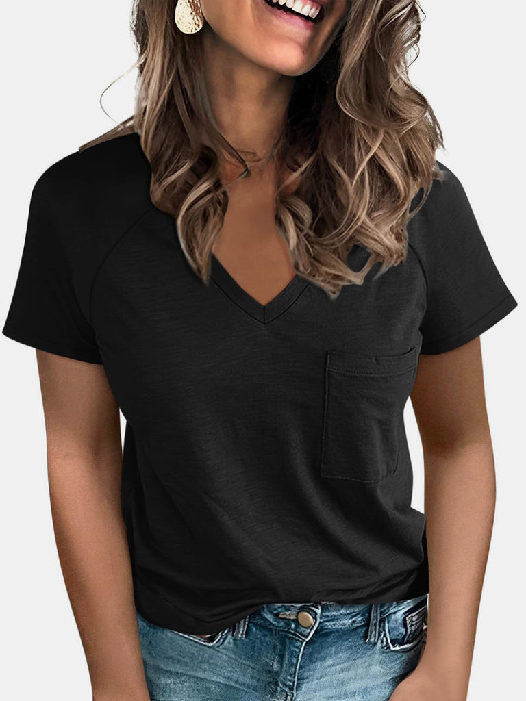 Pocketed V-Neck Short Sleeve T-Shirt-Timber Brooke Boutique, Online Women's Fashion Boutique in Amarillo, Texas