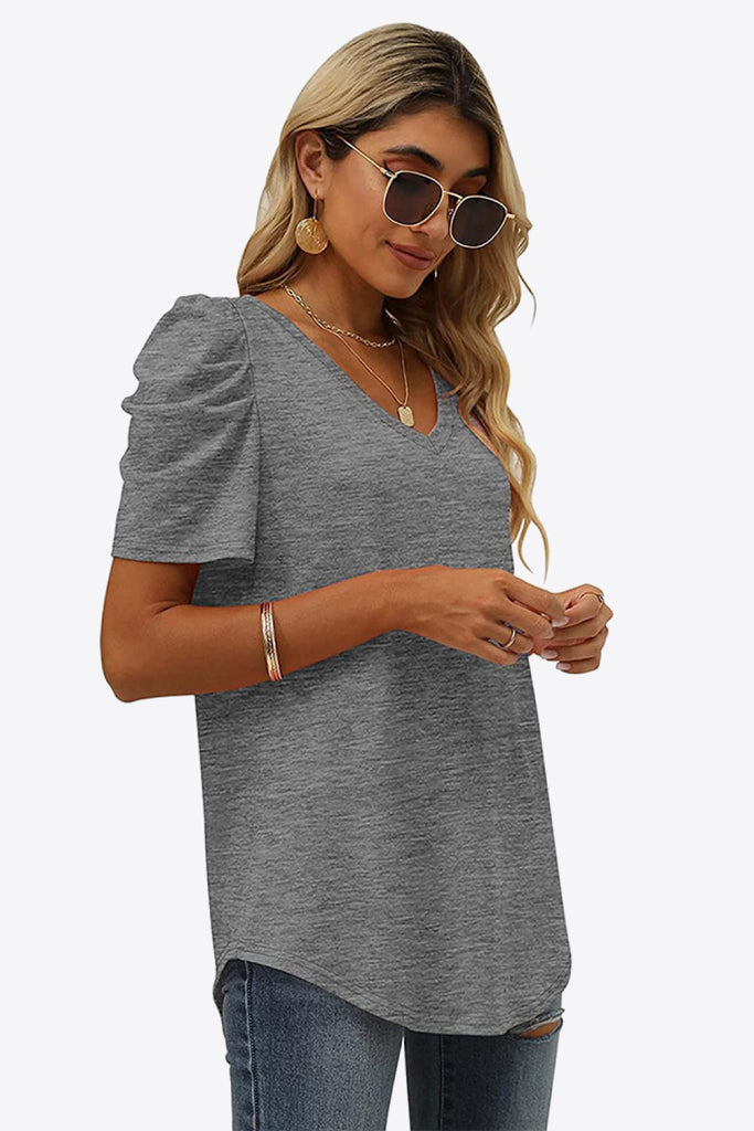 V-Neck Puff Sleeve Tee-Timber Brooke Boutique, Online Women's Fashion Boutique in Amarillo, Texas