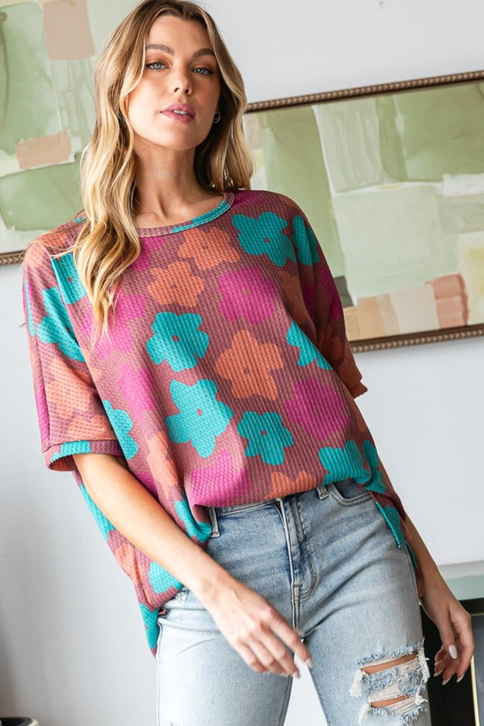 HOPELY Full Size Floral Round Neck Side Slit T-Shirt-Timber Brooke Boutique, Online Women's Fashion Boutique in Amarillo, Texas