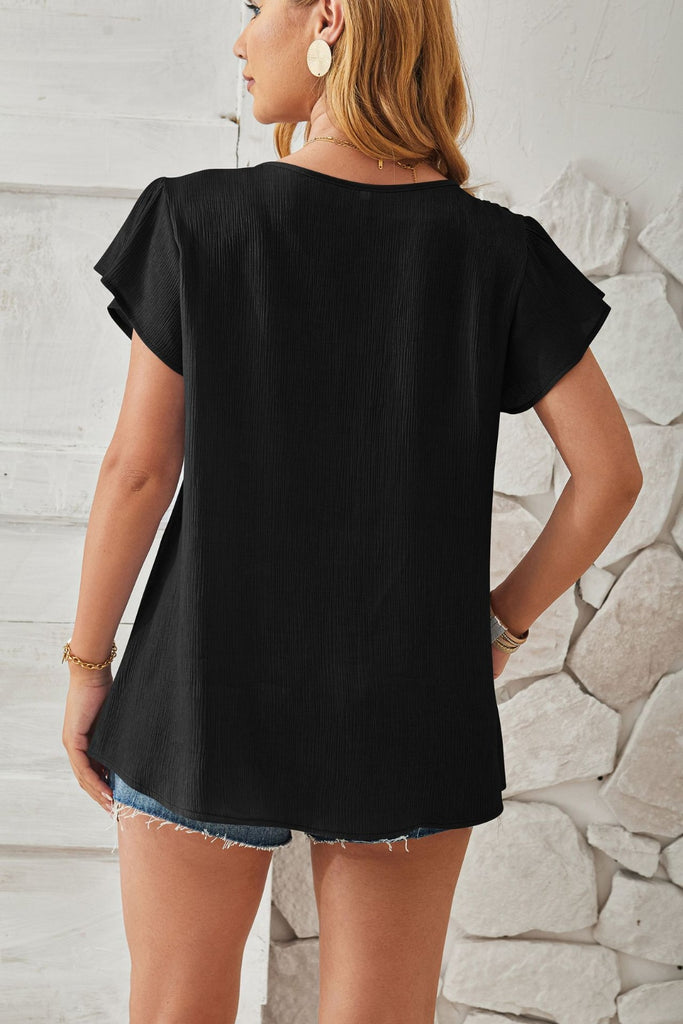 Ruched V-Neck Flounce Sleeve Blouse-Timber Brooke Boutique, Online Women's Fashion Boutique in Amarillo, Texas