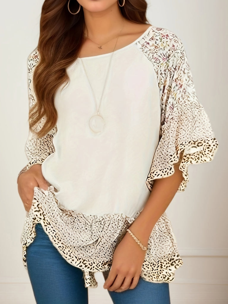 Full Size Frill Printed Round Neck Half Sleeve Blouse-Timber Brooke Boutique, Online Women's Fashion Boutique in Amarillo, Texas