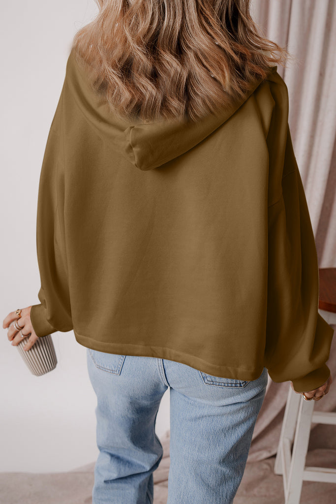 Pocketed Half Zip Dropped Shoulder Hoodie-Timber Brooke Boutique, Online Women's Fashion Boutique in Amarillo, Texas